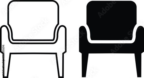 Furniture and chair icons set, collection of sofa, armchair, dining chair bar stool lounge seat, director chair table and seating symbols in solid and outline vector isolated on transparent background