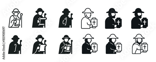 Icon set of shepherd and priest characters with staff and bible