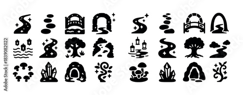 Collection of enchanted pathway and nature icons in black silhouette