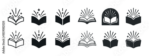 Collection of magical book icons with sparkles and burst designs
