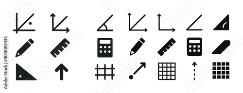 Mathematical symbols and tools: angles, calculators, graphs, rulers, and pencils