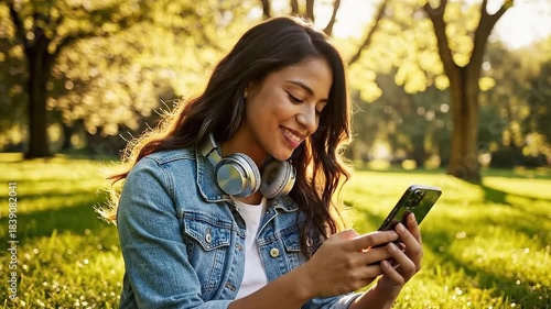 Young Woman Relaxing Outdoors Using Smartphone and Headphones Surrounded by Golden Sunlight and Lush Greenery