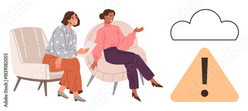 Two women engaged in conversation sitting on chairs, accompanied by a cloud outline and caution triangle. Ideal for teamwork, communication, brainstorming, problem-solving, risk assessment