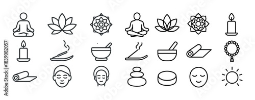 Minimalistic meditation icons: yoga, candles, lotus, incense, relaxation symbols set