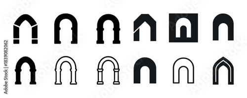 Collection of black and white arch icon designs in various styles