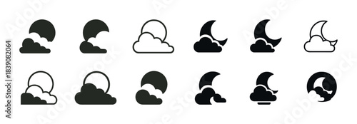Set of sun and moon icons with clouds