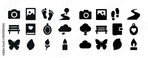 Set of iconic symbols: camera, nature, book, footprints, candle, tree, butterfly, cloud