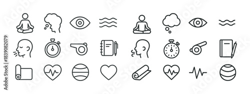 Mindfulness and wellness icons: meditation, relaxation, health, yoga, breath