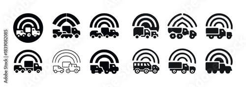 Set of black and white truck icons with radio waves