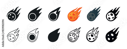 Collection of comet and meteor icons in various styles and colors