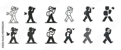 Icon set of birdwatchers observing birds with binoculars in various styles