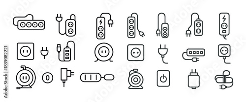 Various electrical outlets and plugs line art icons set