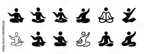 11 minimalist yoga pose icons in black silhouettes
