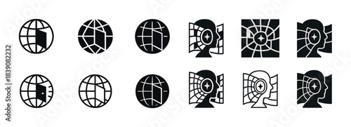 Set of globe and abstract human face icons in black and white