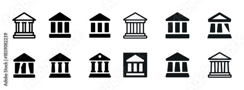 Various iconic bank building designs in black and white