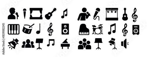 Music icons set: instruments, notes, microphones, speakers, performances, and sound equipment