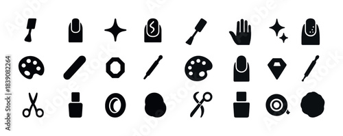 Black nail and beauty tool icons: nail polish, scissors, brush, palette, sparkle, diamond