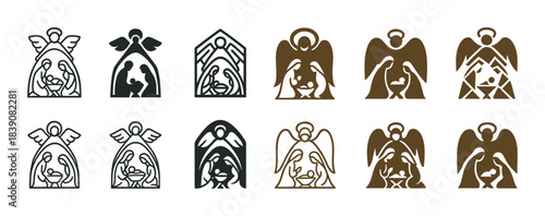 Stylized nativity scene icons with angels and holy family in various designs