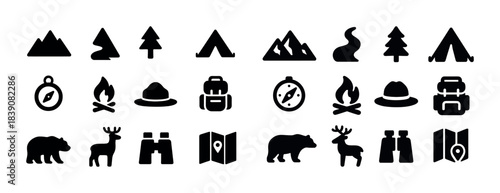 Camping and nature icon set: compass, tent, campfire, backpack, wildlife