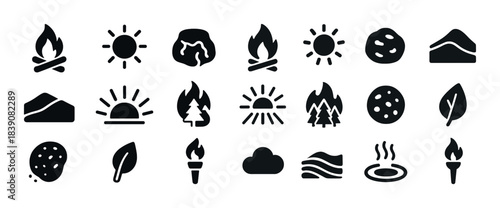 Nature icons set: sun, fire, tree, leaf, mountain, cloud, torch, waves