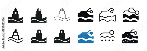 Variety of submarine icons in different styles and colors