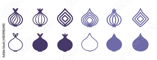 Various purple onion icon designs in geometric and silhouette styles