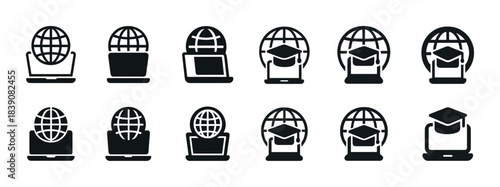 Set of globe and graduation cap icons illustrating online education concepts