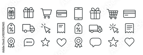 E-commerce icon set: shopping, payment, delivery, gift, tag, star, heart, ribbon