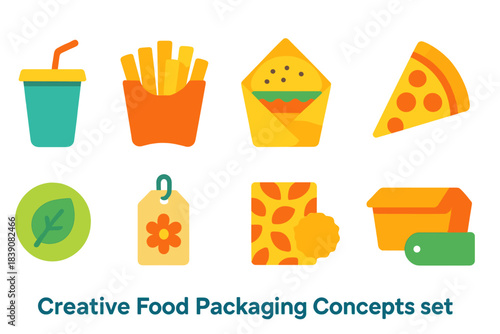 Creative food packaging icon set. Flat style food and drink packaging designs.