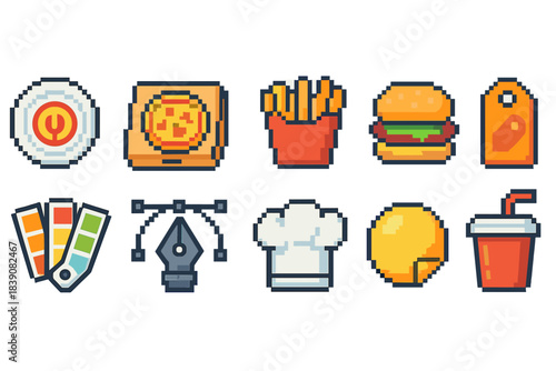 Pixel art food and drink icon set. Fast food, culinary, restaurant, cooking collection.