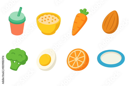Healthy food flat icon set with juice, almond, carrot, broccoli, egg, orange