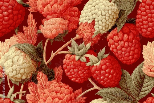 Scandinavian folk-art raspberry motif minimalist line art warm terracotta and cream colors cozy kitchen decor vibe seamless pattern background