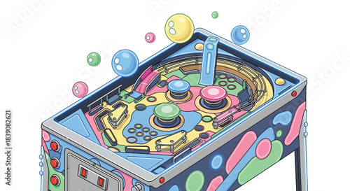 Colorful pinball machine illustration with vibrant design and playful elements.