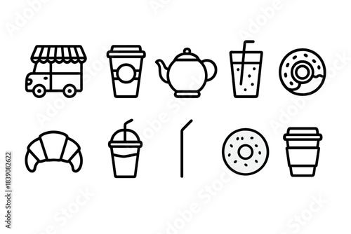 Coffee shop outline icon set. Beverage, drink, pastry icons collection