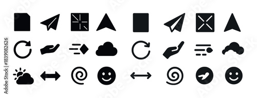 Simple black icons: navigation, cloud, smile, arrow, refresh