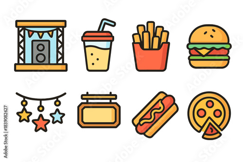 Food and festival icon set. Outline style food, celebration, and music icons collection.