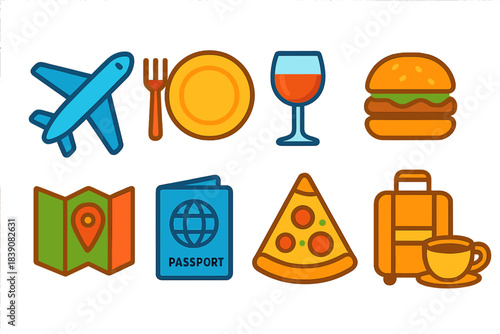 Travel and food flat icon set. Vacation, dining, and holiday symbols in flat style.