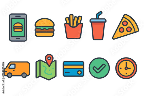 Food and delivery flat icon set. Fast food, meal, beverage, map, payment icons collection