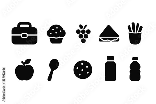 Food and beverage solid icon set. Snacks, drinks, and meal icons collection