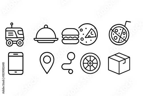 Food and delivery line icon set. Cuisine, fast food, navigation linear icons collection