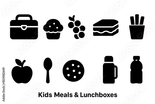 Kids meals silhouette icon set. Lunchboxes and snack icons in bold silhouette style.