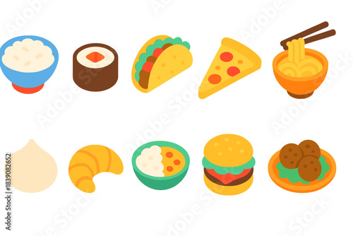 Food and cuisine icon set. Colorful, flat icons collection of global dishes
