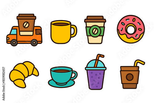 Coffee and sweets icon set. Flat beverage and snack icons collection for cafes