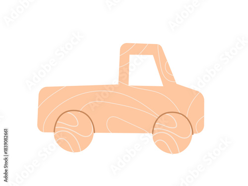 A simple, minimalist illustration of a wooden toy pickup car with soft, peachy tones and wood grain texture. Represents childhood, eco-friendly toys, and baby play.