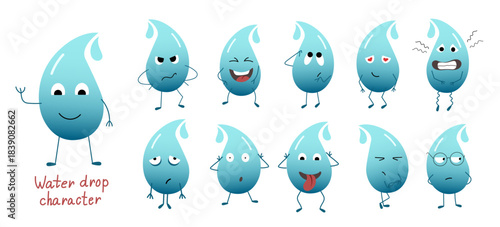 A set of water drop characters representing various emotions and expressions, including happiness, anger, love, confusion, sadness, and fear. Perfect for ecology, hydration, and mood concepts.