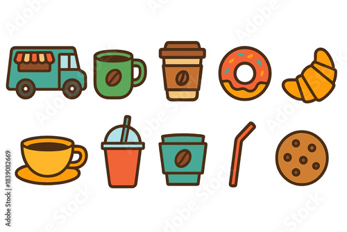 Coffee and bakery flat icon set. Beverage and pastry icons collection for cafes