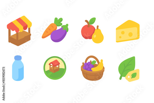Farmers market flat icon set. Fruits, vegetables, dairy icons collection for markets.