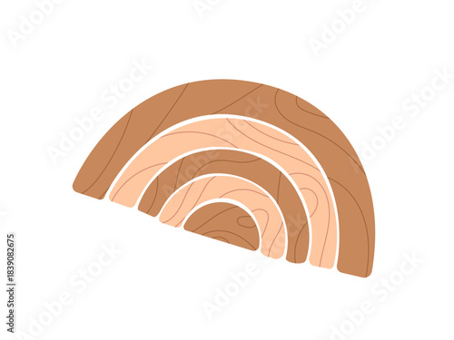 An illustration of a wooden stacking rainbow toy with soft, earthy brown and peach tones and wood grain texture. Represents childhood, eco-friendly toys, baby play, and Montessori education.