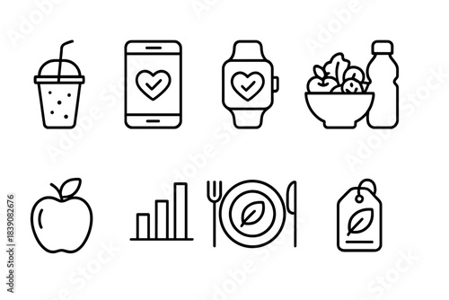 Healthy lifestyle linear icon set. Wellness, nutrition, fitness flat icons collection.