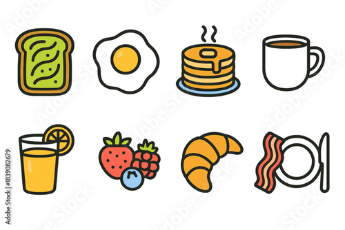 Breakfast food icon set. Morning meal flat icons collection for dining and nutrition